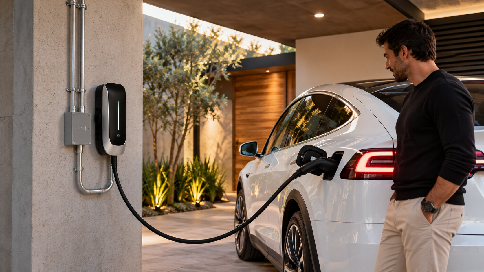 Auto eléctrico conectado a cargador con instalación eléctrica terminada